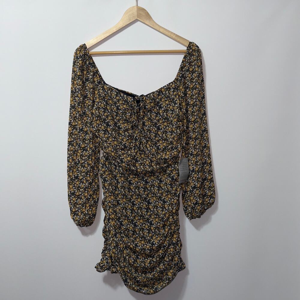 LUSH Womens Yellow Black Floral Ruched Mini Dress Size Medium NWT